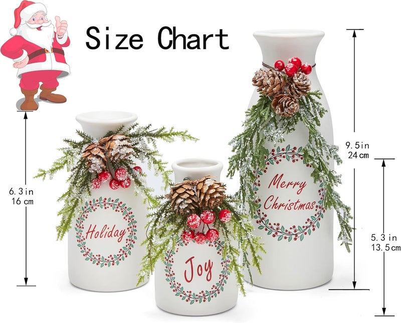 Wortour Artificial Christmas 3-Piece Set Flocked with Mixed Xmas Decorations Ceramic White Bottles - Image 4